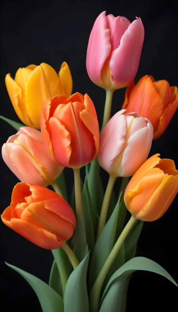 A Bouquet Of Colorful Tulips In Various Shades Of Red Orange And Pink Against A Dark Background 2 3685