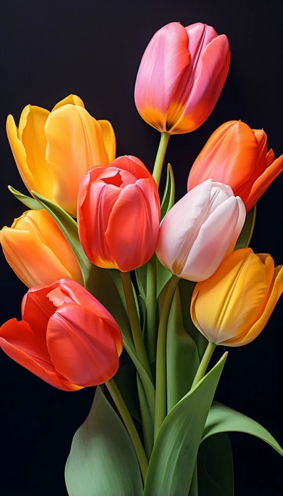 A Bouquet Of Colorful Tulips In Various Shades Of Red Orange And Pink Against A Dark Background 3 B391