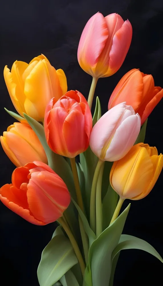 A Bouquet Of Colorful Tulips In Various Shades Of Red Orange And Pink Against A Dark Background 5 B6d4