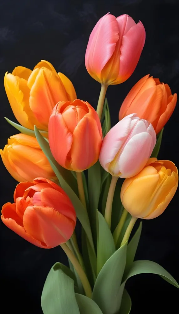 A Bouquet Of Colorful Tulips In Various Shades Of Red Orange And Pink Against A Dark Background 7 6364