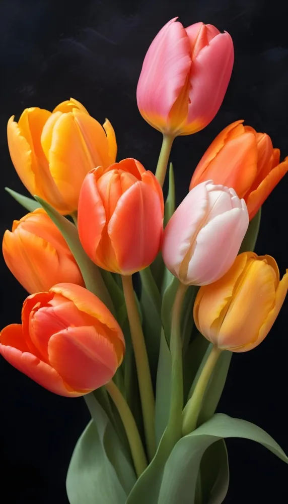 A Bouquet Of Colorful Tulips In Various Shades Of Red Orange And Pink Against A Dark Background 9 8fd1