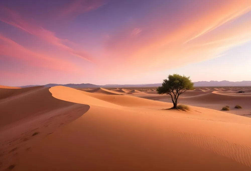 A Desert Landscape With Rolling Sand Dunes A Single Green Tree Standing In The Distance And A Colorful Sky With Shades Of Orange Pink And Purple 10 A3ac