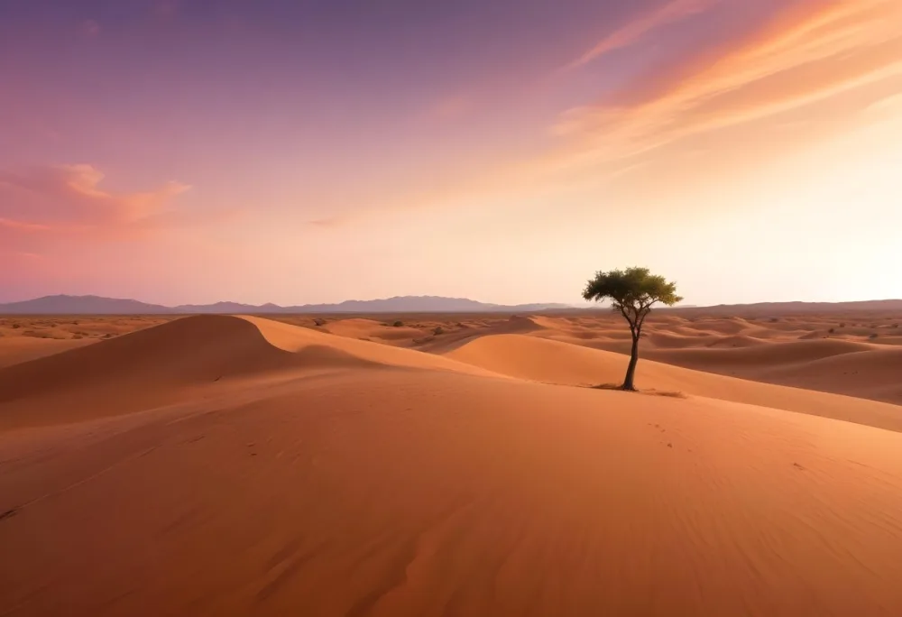 A Desert Landscape With Rolling Sand Dunes A Single Green Tree Standing In The Distance And A Colorful Sky With Shades Of Orange Pink And Purple 14 792a