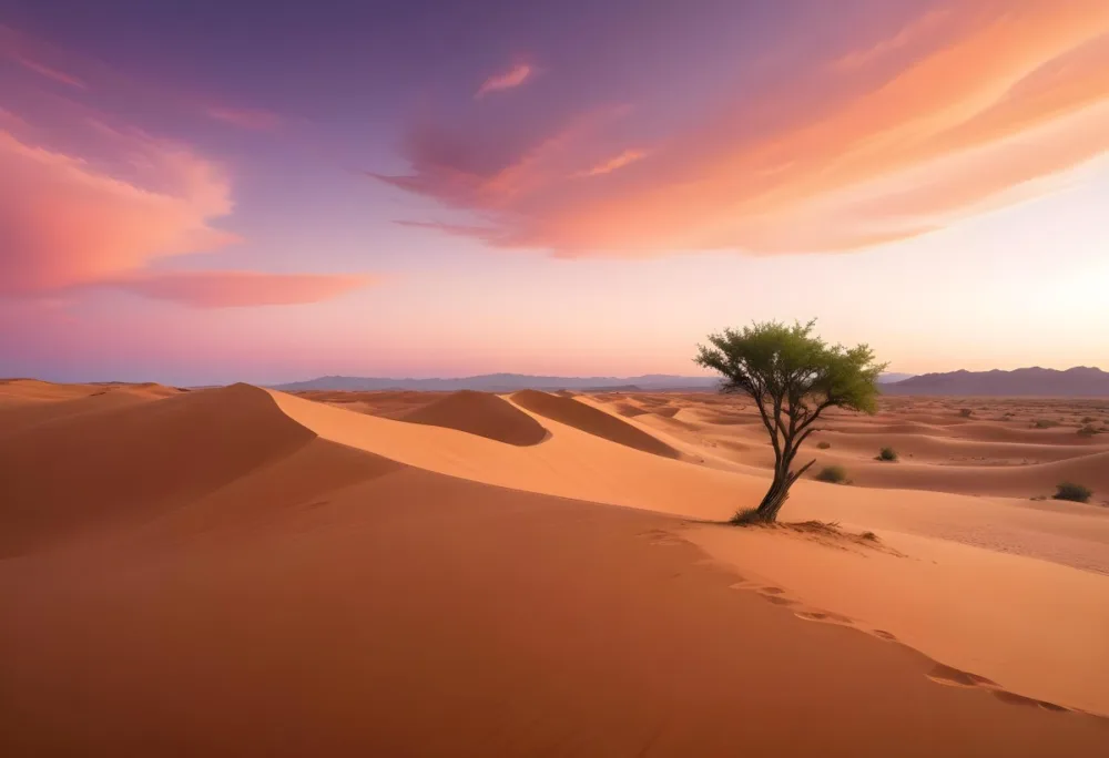 A Desert Landscape With Rolling Sand Dunes A Single Green Tree Standing In The Distance And A Colorful Sky With Shades Of Orange Pink And Purple 22 8823