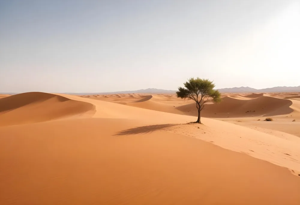 A Desert Landscape With Rolling Sand Dunes A Single Green Tree Standing In The Distance And A Colorful Sky With Shades Of Orange Pink And Purple 31 151a