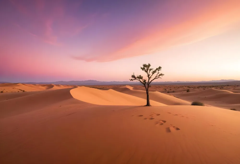 A Desert Landscape With Rolling Sand Dunes A Single Green Tree Standing In The Distance And A Colorful Sky With Shades Of Orange Pink And Purple 34 F45a