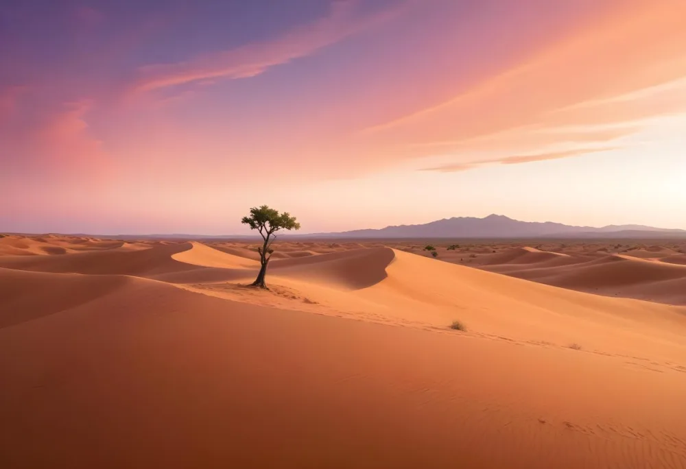 A Desert Landscape With Rolling Sand Dunes A Single Green Tree Standing In The Distance And A Colorful Sky With Shades Of Orange Pink And Purple 36 661b