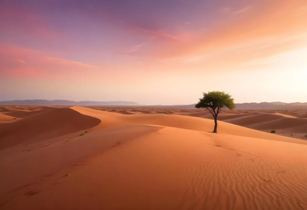 A Desert Landscape With Rolling Sand Dunes A Single Green Tree Standing In The Distance And A Colorful Sky With Shades Of Orange Pink And Purple 4 Fcb0