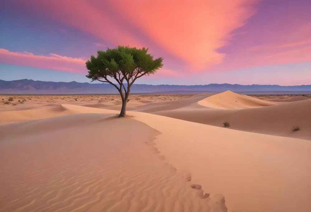 A Desert Landscape With Rolling Sand Dunes A Single Green Tree Standing In The Distance And A Colorful Sky With Shades Of Orange Pink And Purple 45 B4e2