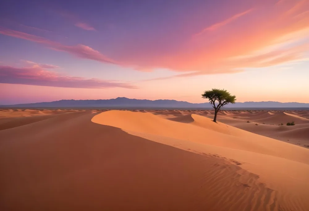 A Desert Landscape With Rolling Sand Dunes A Single Green Tree Standing In The Distance And A Colorful Sky With Shades Of Orange Pink And Purple 49 046e