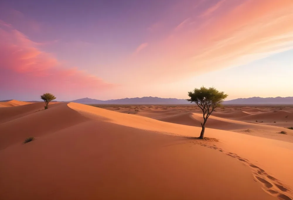 A Desert Landscape With Rolling Sand Dunes A Single Green Tree Standing In The Distance And A Colorful Sky With Shades Of Orange Pink And Purple 56 A2a7