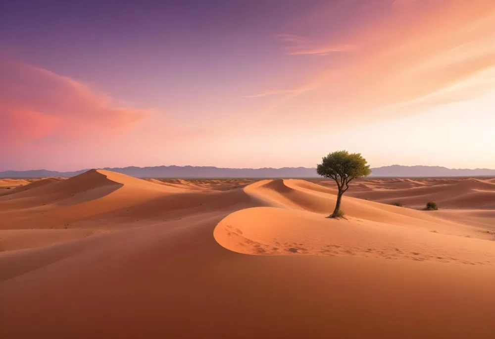 A Desert Landscape With Rolling Sand Dunes A Single Green Tree Standing In The Distance And A Colorful Sky With Shades Of Orange Pink And Purple 57 9936