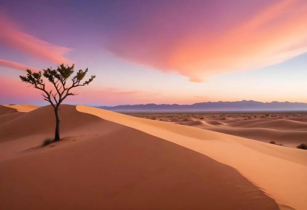 A Desert Landscape With Rolling Sand Dunes A Single Green Tree Standing In The Distance And A Colorful Sky With Shades Of Orange Pink And Purple 58 3025