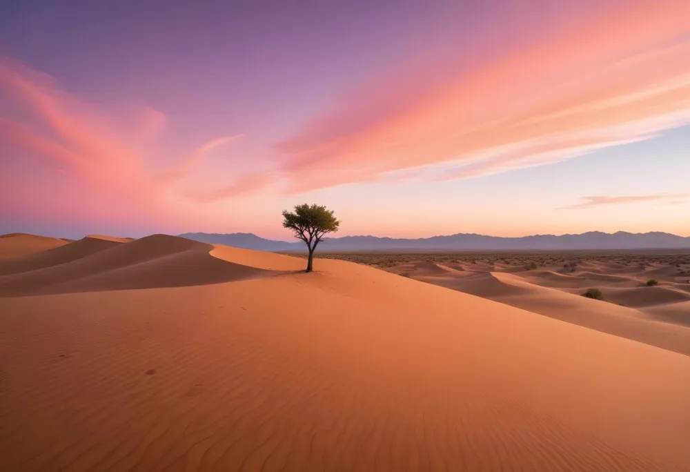 A Desert Landscape With Rolling Sand Dunes A Single Green Tree Standing In The Distance And A Colorful Sky With Shades Of Orange Pink And Purple 59 3019