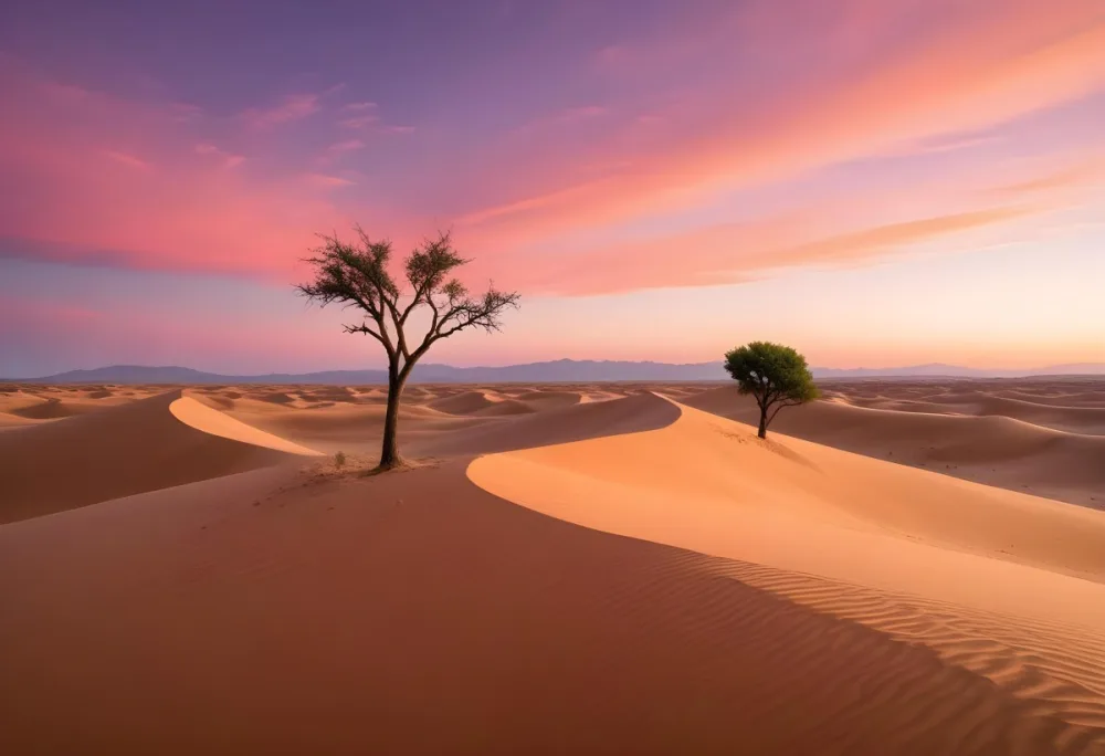 A Desert Landscape With Rolling Sand Dunes A Single Green Tree Standing In The Distance And A Colorful Sky With Shades Of Orange Pink And Purple 6 7b45
