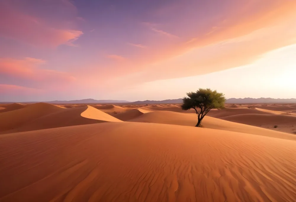 A Desert Landscape With Rolling Sand Dunes A Single Green Tree Standing In The Distance And A Colorful Sky With Shades Of Orange Pink And Purple 62 3780