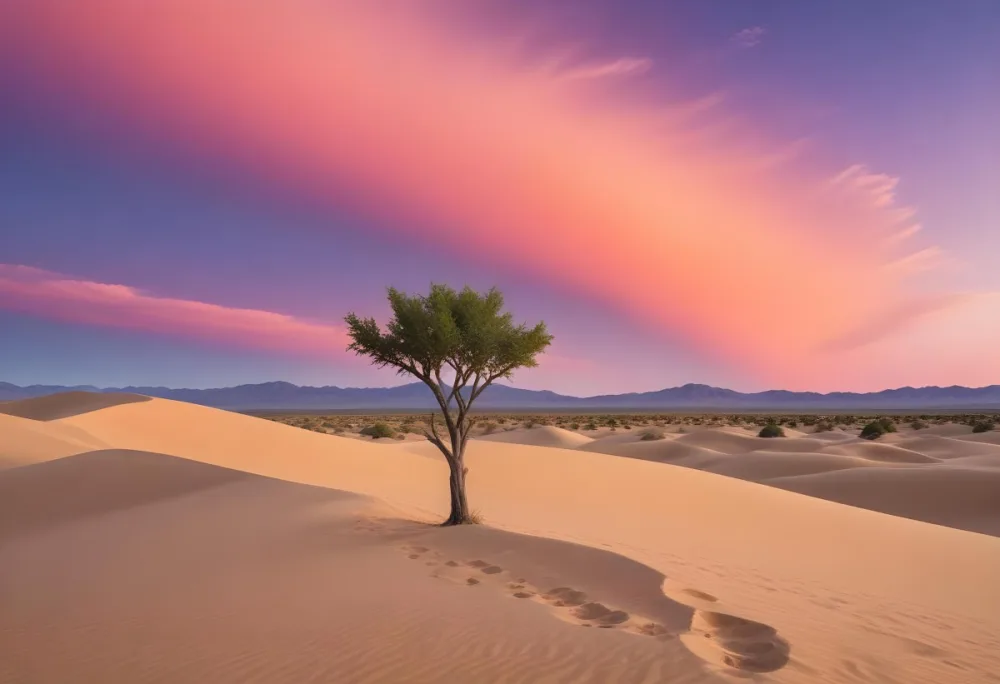 A Desert Landscape With Rolling Sand Dunes A Single Green Tree Standing In The Distance And A Colorful Sky With Shades Of Orange Pink And Purple 63 2359