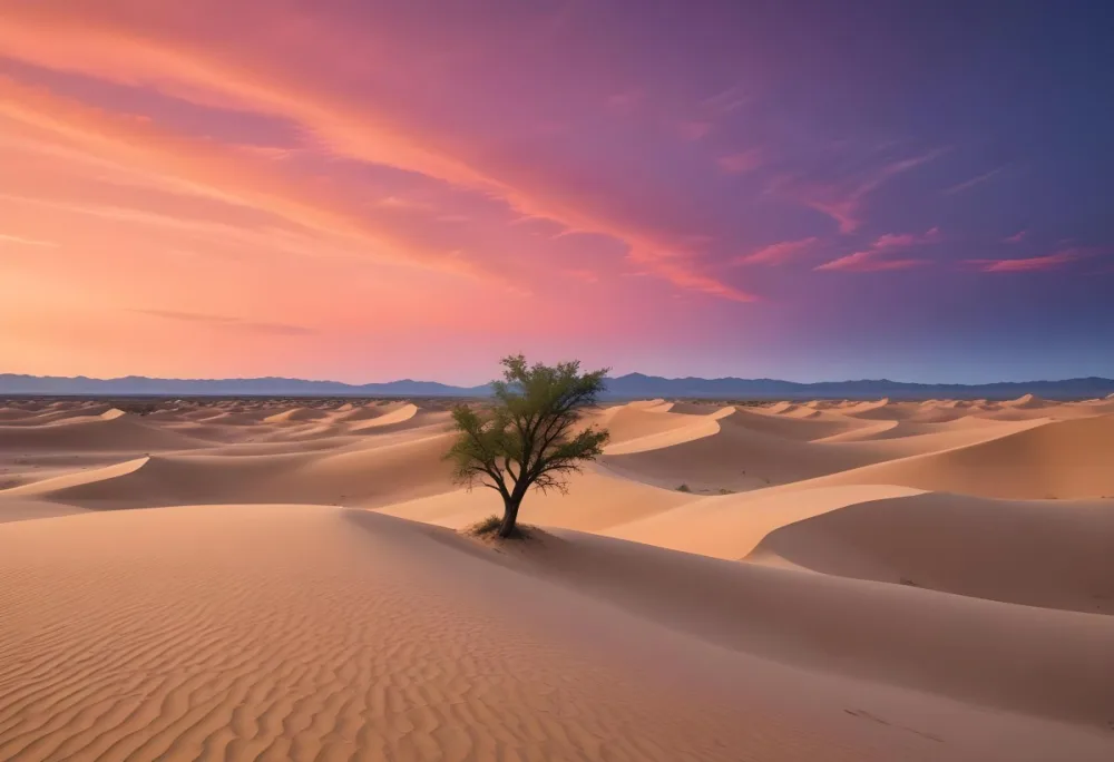 A Desert Landscape With Rolling Sand Dunes A Single Green Tree Standing In The Distance And A Colorful Sky With Shades Of Orange Pink And Purple 64 A494