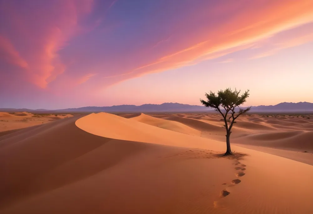 A Desert Landscape With Rolling Sand Dunes A Single Green Tree Standing In The Distance And A Colorful Sky With Shades Of Orange Pink And Purple 7 B3f0