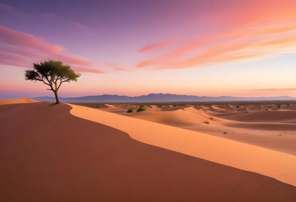 A Desert Landscape With Rolling Sand Dunes A Single Green Tree Standing In The Distance And A Colorful Sky With Shades Of Orange Pink And Purple 8 A637