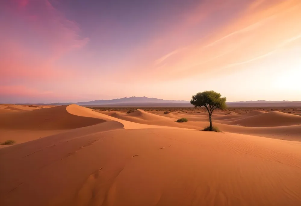 A Desert Landscape With Rolling Sand Dunes A Single Green Tree Standing In The Distance And A Colorful Sky With Shades Of Orange Pink And Purple 9 D23b