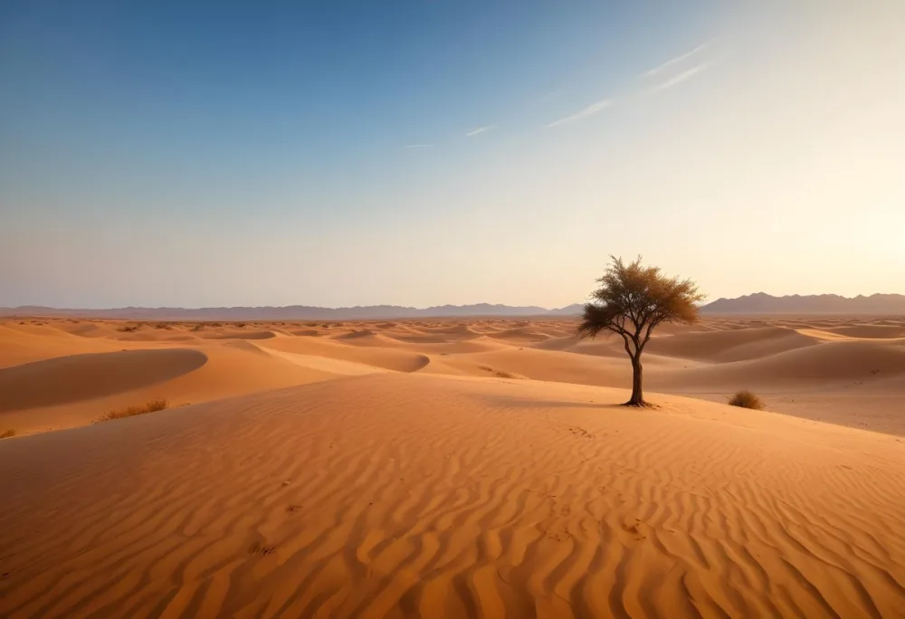A Desert Landscape With Sand Dunes And A Single Tree In The Distance Clear Sky Warm Color Palette Natural Light Minimalist Composition 10 18b8