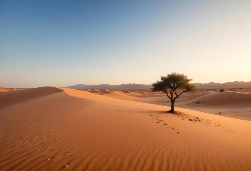 A Desert Landscape With Sand Dunes And A Single Tree In The Distance Clear Sky Warm Color Palette Natural Light Minimalist Composition 11 6ff6