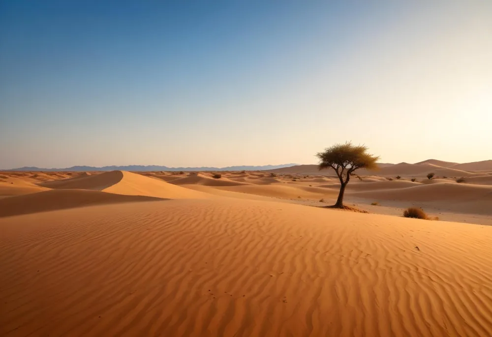 A Desert Landscape With Sand Dunes And A Single Tree In The Distance Clear Sky Warm Color Palette Natural Light Minimalist Composition 14 9940