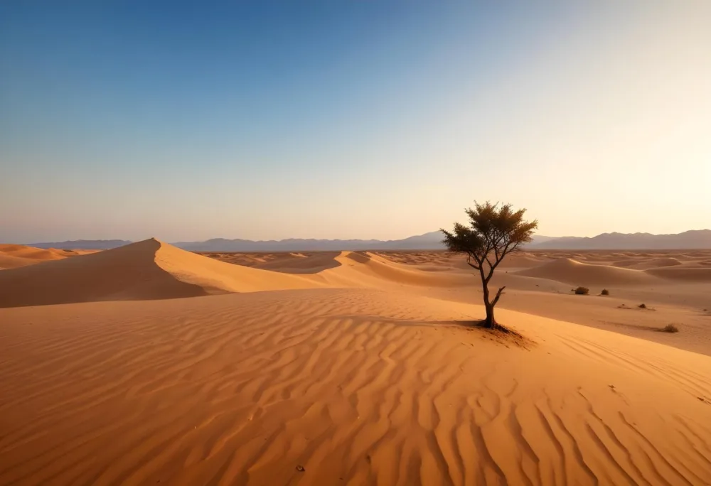 A Desert Landscape With Sand Dunes And A Single Tree In The Distance Clear Sky Warm Color Palette Natural Light Minimalist Composition 16 B05c