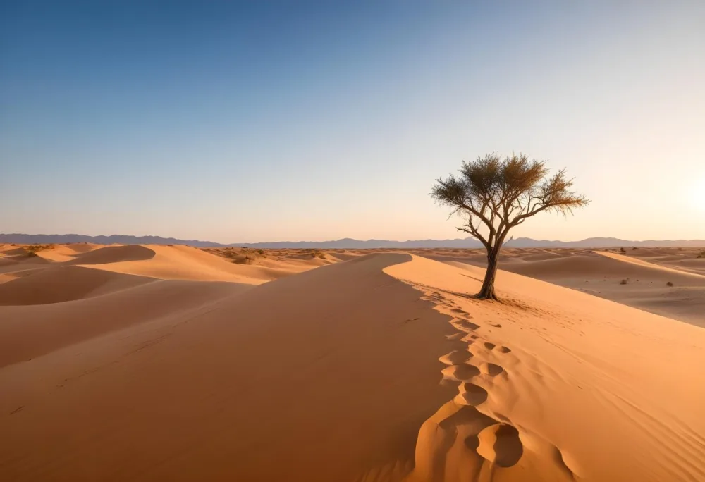 A Desert Landscape With Sand Dunes And A Single Tree In The Distance Clear Sky Warm Color Palette Natural Light Minimalist Composition 18 B014