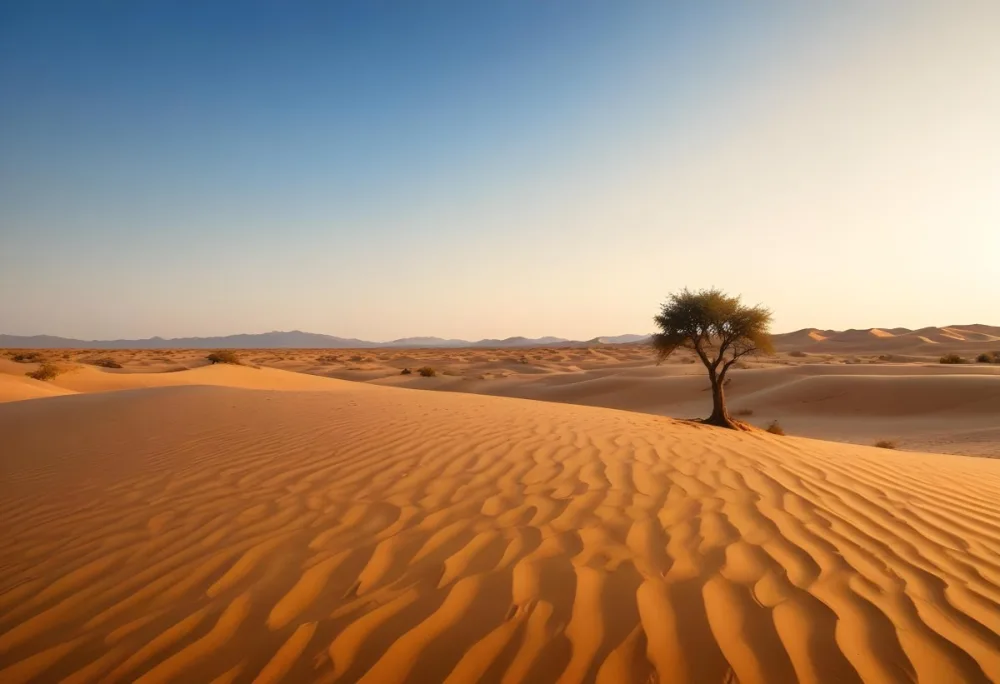 A Desert Landscape With Sand Dunes And A Single Tree In The Distance Clear Sky Warm Color Palette Natural Light Minimalist Composition 24 97a6