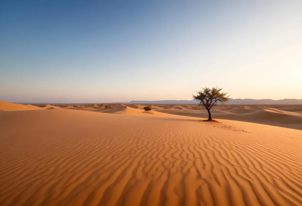 A Desert Landscape With Sand Dunes And A Single Tree In The Distance Clear Sky Warm Color Palette Natural Light Minimalist Composition 26 130d
