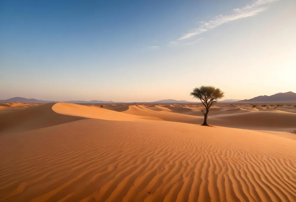 A Desert Landscape With Sand Dunes And A Single Tree In The Distance Clear Sky Warm Color Palette Natural Light Minimalist Composition 28 A8bc