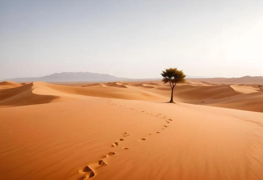 A Desert Landscape With Sand Dunes And A Single Tree In The Distance Clear Sky Warm Color Palette Natural Light Minimalist Composition 35 A735