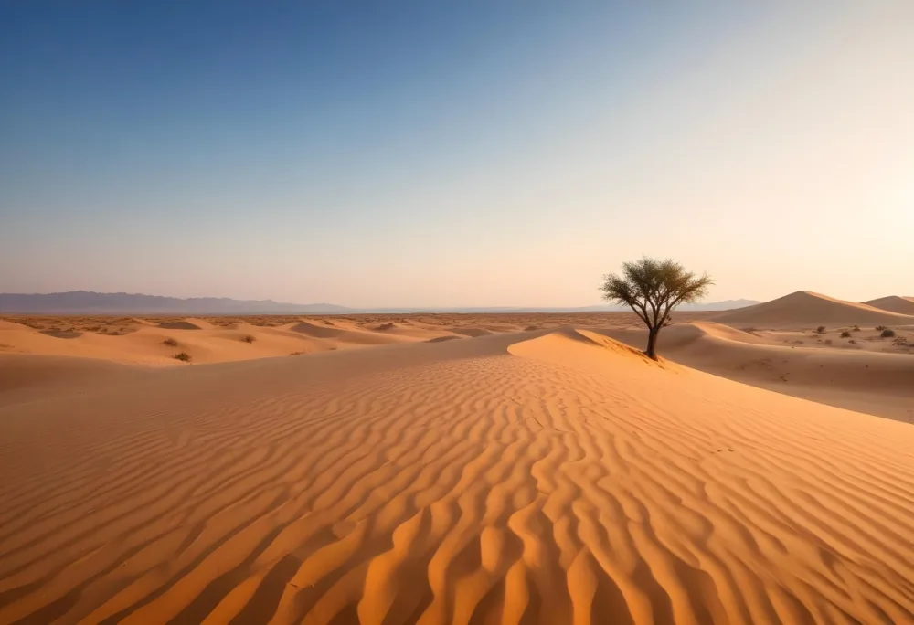 A Desert Landscape With Sand Dunes And A Single Tree In The Distance Clear Sky Warm Color Palette Natural Light Minimalist Composition 36 9475