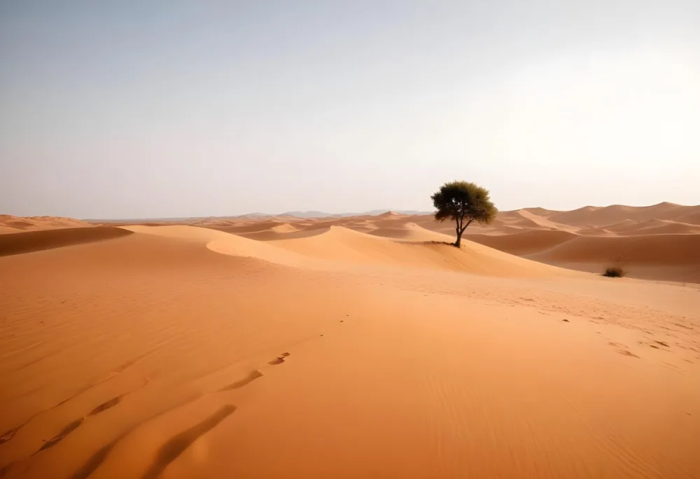 A Desert Landscape With Sand Dunes And A Single Tree In The Distance Clear Sky Warm Color Palette Natural Light Minimalist Composition 37 C47f