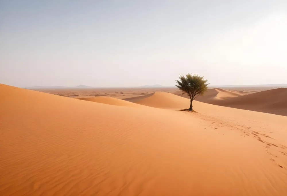 A Desert Landscape With Sand Dunes And A Single Tree In The Distance Clear Sky Warm Color Palette Natural Light Minimalist Composition 39 958d