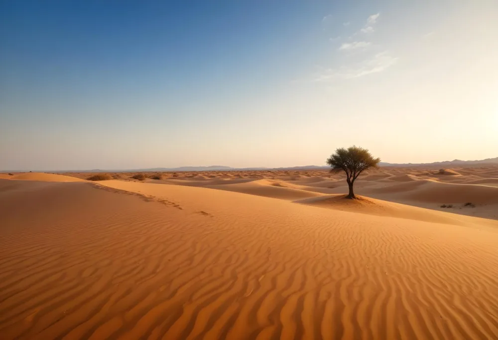 A Desert Landscape With Sand Dunes And A Single Tree In The Distance Clear Sky Warm Color Palette Natural Light Minimalist Composition 4 9785