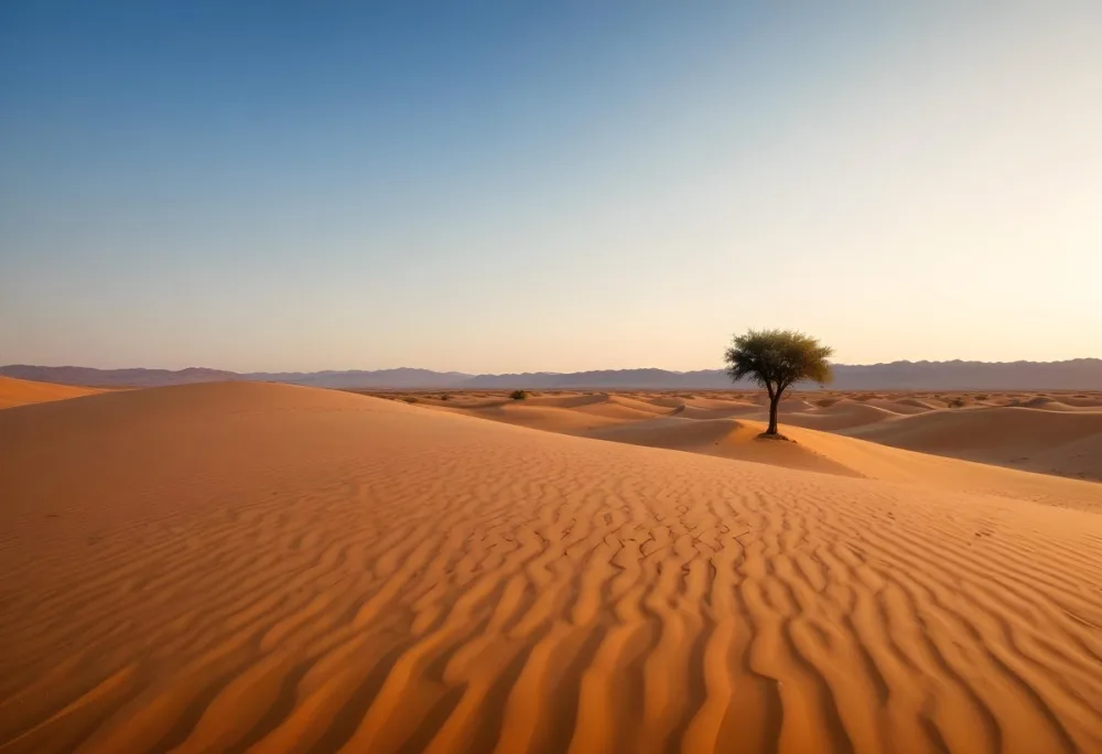 A Desert Landscape With Sand Dunes And A Single Tree In The Distance Clear Sky Warm Color Palette Natural Light Minimalist Composition 40 1c3d