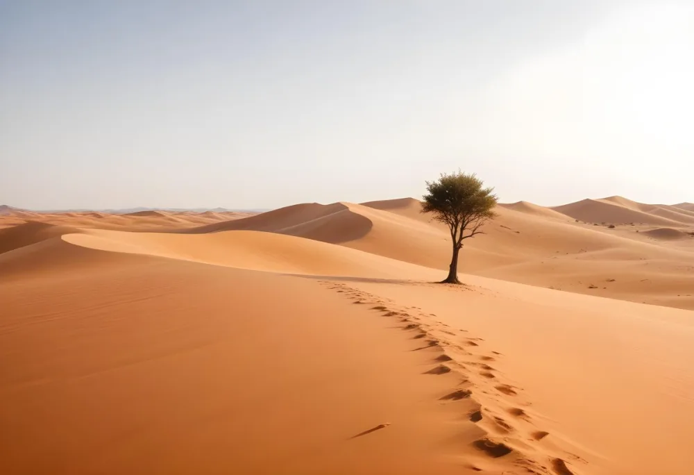A Desert Landscape With Sand Dunes And A Single Tree In The Distance Clear Sky Warm Color Palette Natural Light Minimalist Composition 41 Feca