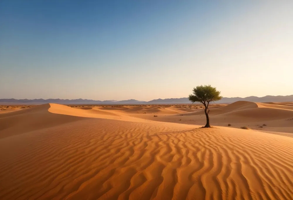 A Desert Landscape With Sand Dunes And A Single Tree In The Distance Clear Sky Warm Color Palette Natural Light Minimalist Composition 6 C3f1