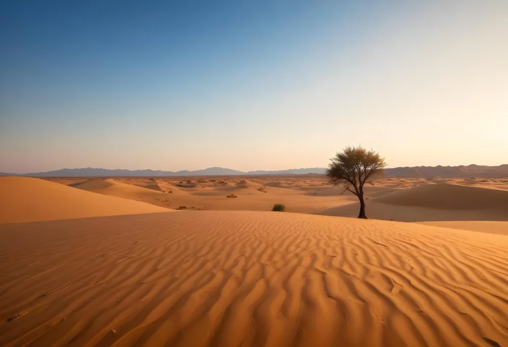 A Desert Landscape With Sand Dunes And A Single Tree In The Distance Clear Sky Warm Color Palette Natural Light Minimalist Composition 8 6e38
