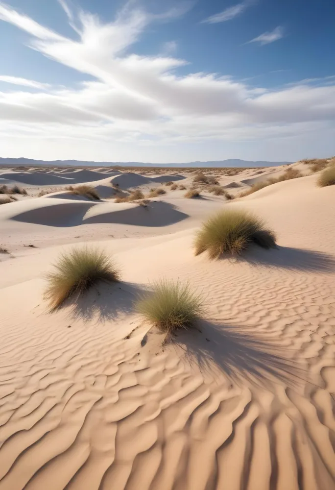 A Desert Landscape With Sand Dunes And Sparse Vegetation Under A Bright Blue Sky With Wispy Clouds Arid Environment 80 Efff