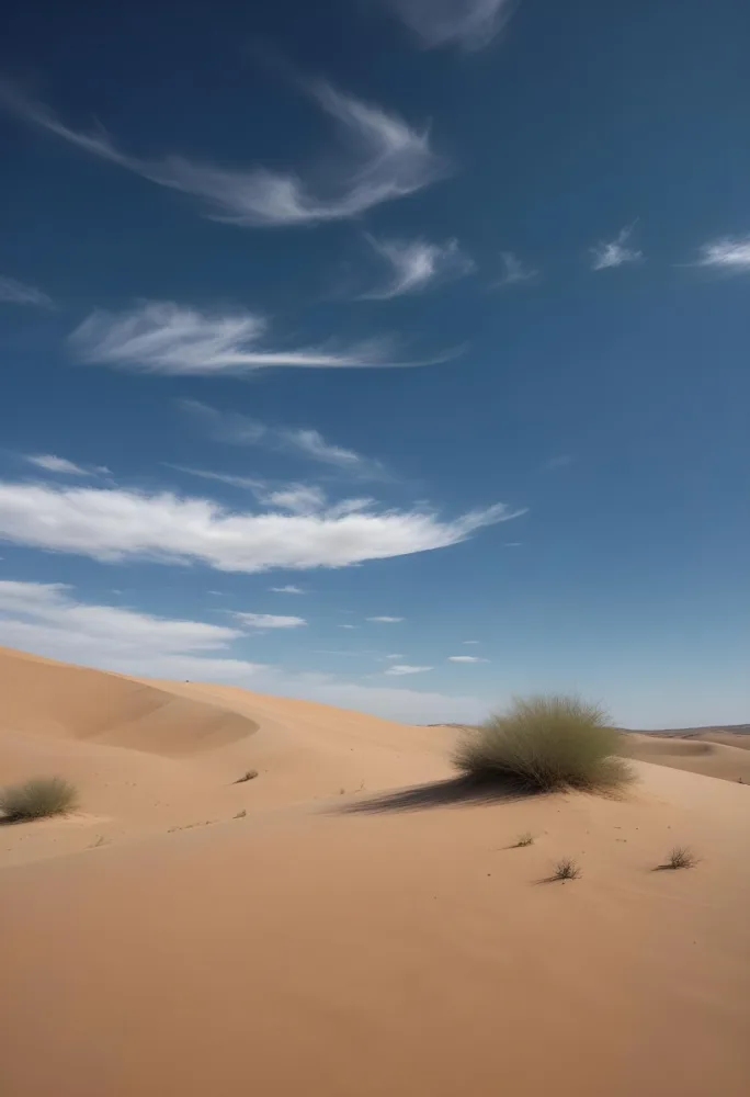 A Desert Landscape With Sand Dunes And Sparse Vegetation Under A Bright Blue Sky With Wispy Clouds Arid Environment 9 0d2b