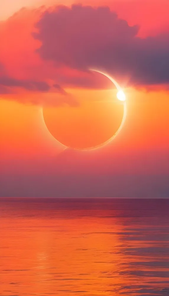 A Dramatic Sunset Over The Ocean With A Large Sun Partially Obscured By Clouds And A Smaller Sun Or Moon Reflection In The Water Below Featuring A Vibrant Orange Sky And Stormy Waves In The Foreground 12 0b37