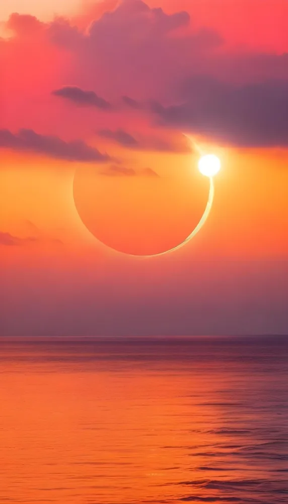A Dramatic Sunset Over The Ocean With A Large Sun Partially Obscured By Clouds And A Smaller Sun Or Moon Reflection In The Water Below Featuring A Vibrant Orange Sky And Stormy Waves In The Foreground 14 1b46
