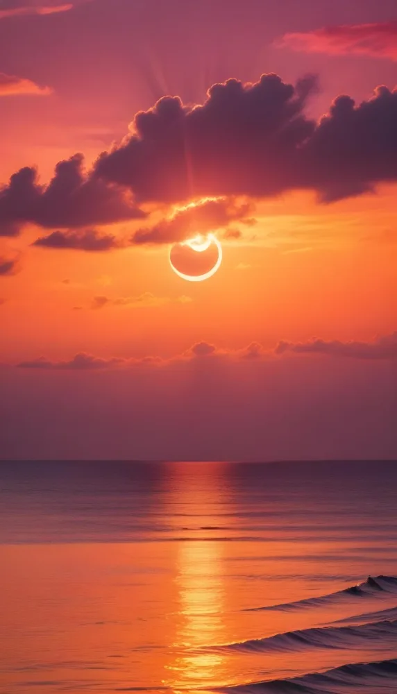 A Dramatic Sunset Over The Ocean With A Large Sun Partially Obscured By Clouds And A Smaller Sun Or Moon Reflection In The Water Below Featuring A Vibrant Orange Sky And Stormy Waves In The Foreground 3 3cf9