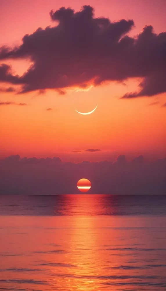 A Dramatic Sunset Over The Ocean With A Large Sun Partially Obscured By Clouds And A Smaller Sun Or Moon Reflection In The Water Below Featuring A Vibrant Orange Sky And Stormy Waves In The Foreground 5 E1c7