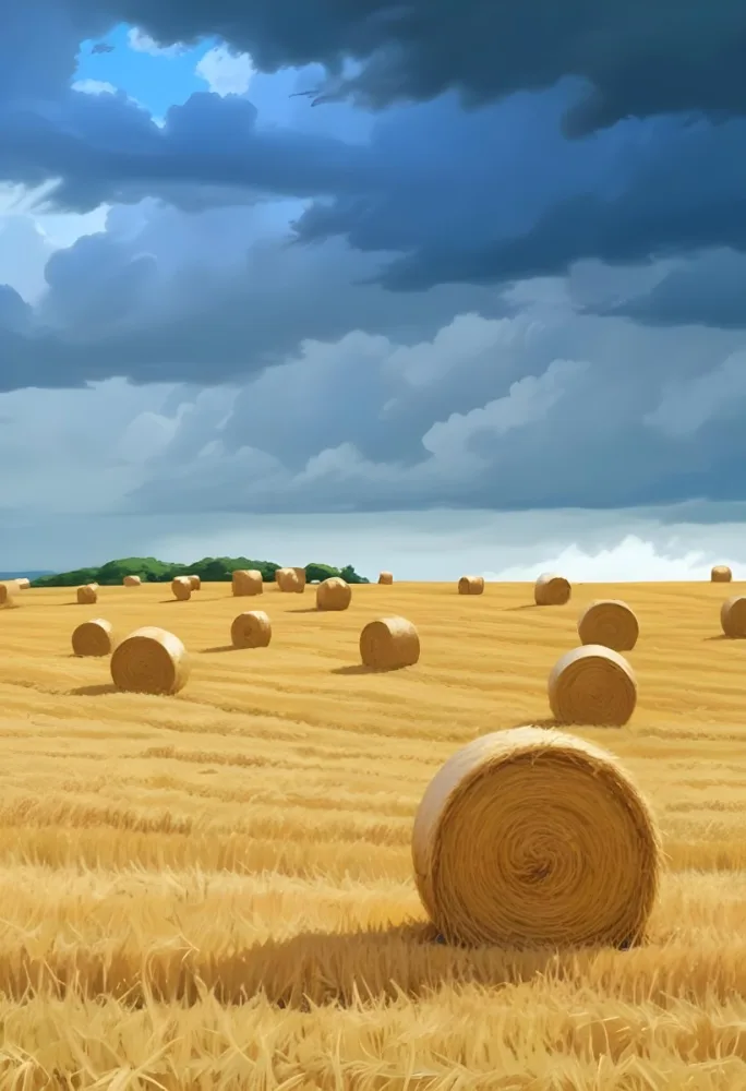 A Field With Golden Hay Bales Scattered Across A Rolling Landscape Under A Dramatic Cloudy Sky With Lush Green Hills In The Background 1 4d79
