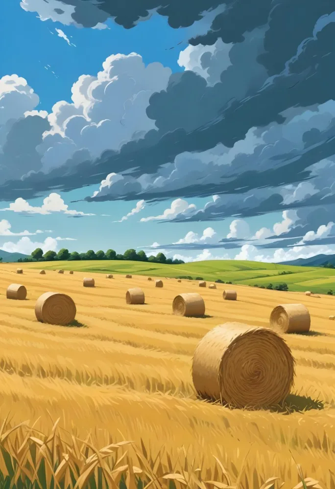 A Field With Golden Hay Bales Scattered Across A Rolling Landscape Under A Dramatic Cloudy Sky With Lush Green Hills In The Background 10 D309
